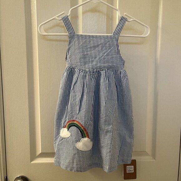 Frugi Cobalt Stripe Rainbow Applique Alma Summer Dress Girls Size 3-4 NWT - Picture 1 of 11